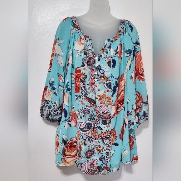 Fig and flower anthropogie turquoise floral print blouse. Size 3X - Picture 4 of 6